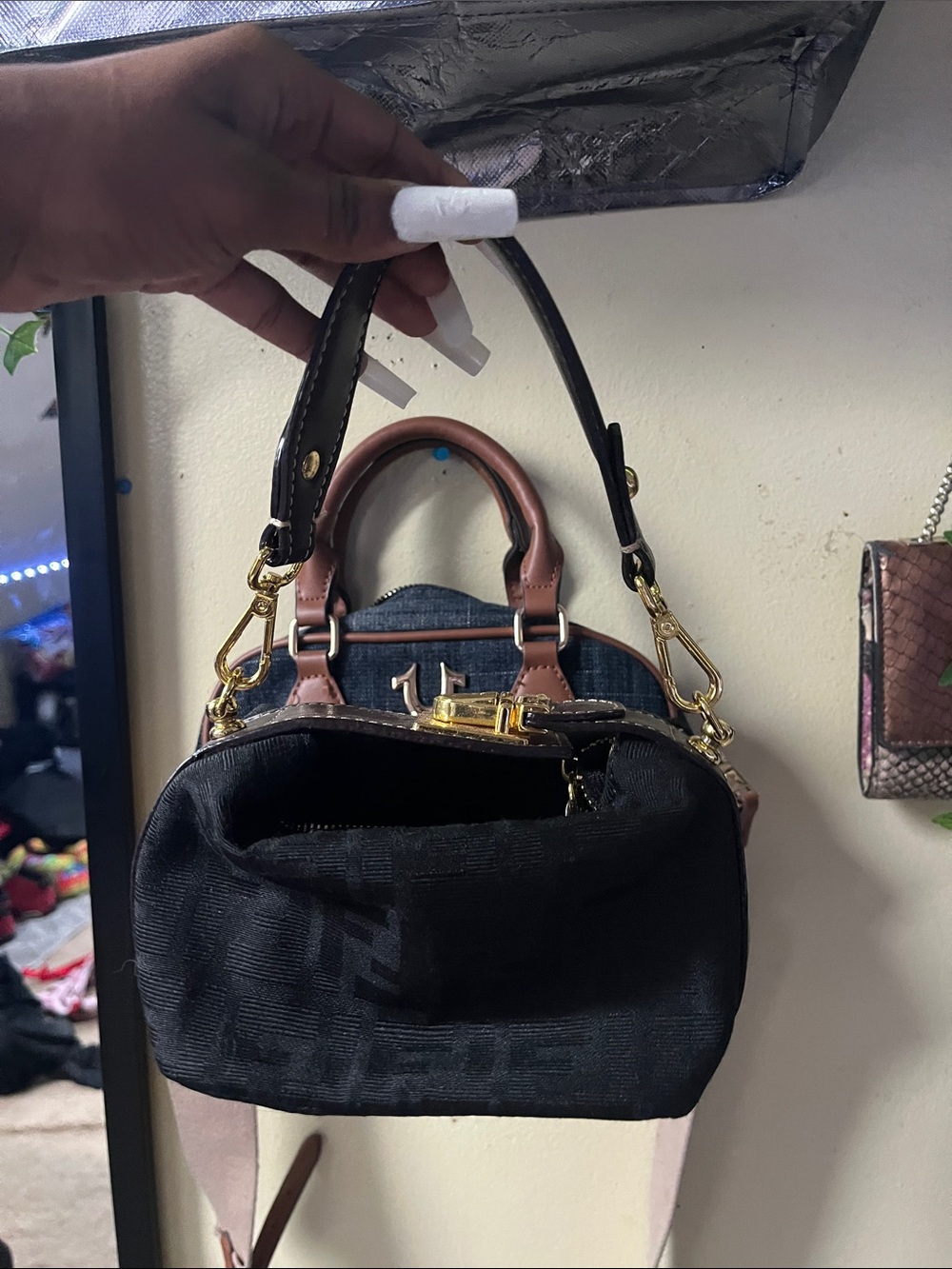 Fendi Black and Pink Leather-Trim Crossbody Satchel